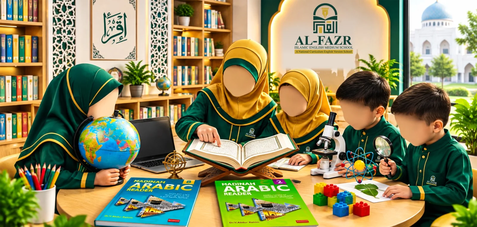 Illustration of children in Al-Fazr uniforms learning Qur'an, Arabic and science together — Al-Fazr Islamic English Medium School, কুসুমপুরা, পটিয়া (Kusumpura, Patiya)